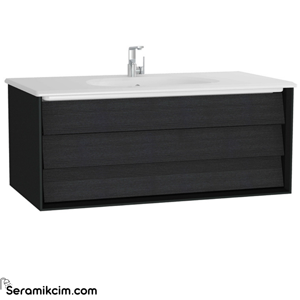 Vitra Frame Lavabo Dolabı 100 Cm, Bir Çekmeceli Beyaz Etajerli Lavabolu, Mat Soft Siyah & Hareli Siyah Meşe 61225