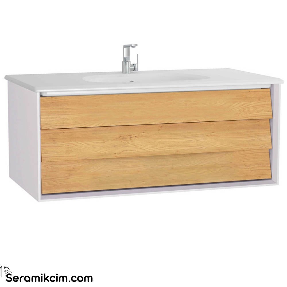 Vitra Frame Lavabo Dolabı 100 Cm, Bir Çekmeceli Beyaz Etajerli Lavabolu, Mat Soft Beyaz & Dore Meşe 61224