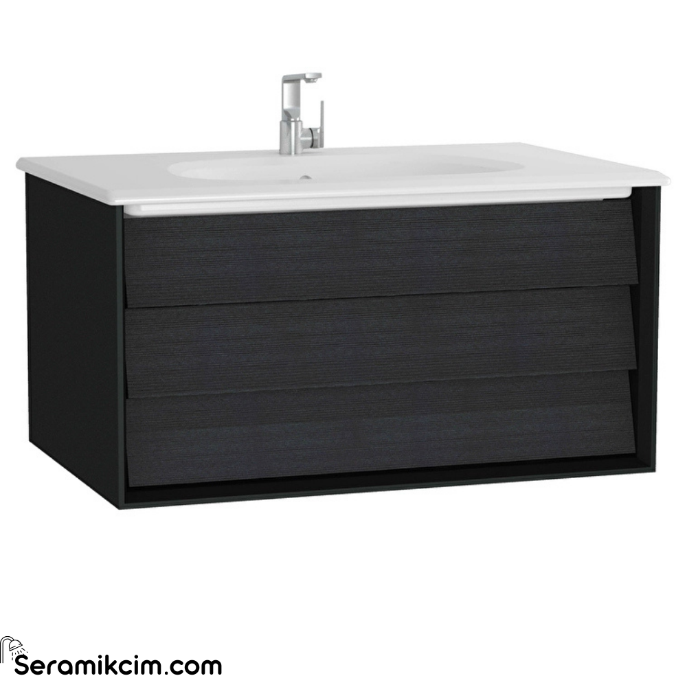 Vitra Frame Lavabo Dolabı 80 Cm, Bir Çekmeceli Beyaz Etajerli Lavabolu, Mat Soft Siyah & Hareli Siyah Meşe 61221