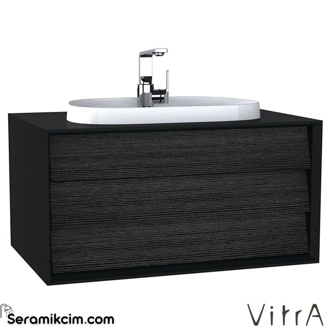 VitrA Frame Lavabo Dolabı 80cm, Tek Çekmeceli Tezgahüstü TV-Shape Lavabolu, Armatür Delikli, Mat Soft Siyah & Hareli Siyah Meşe 62287