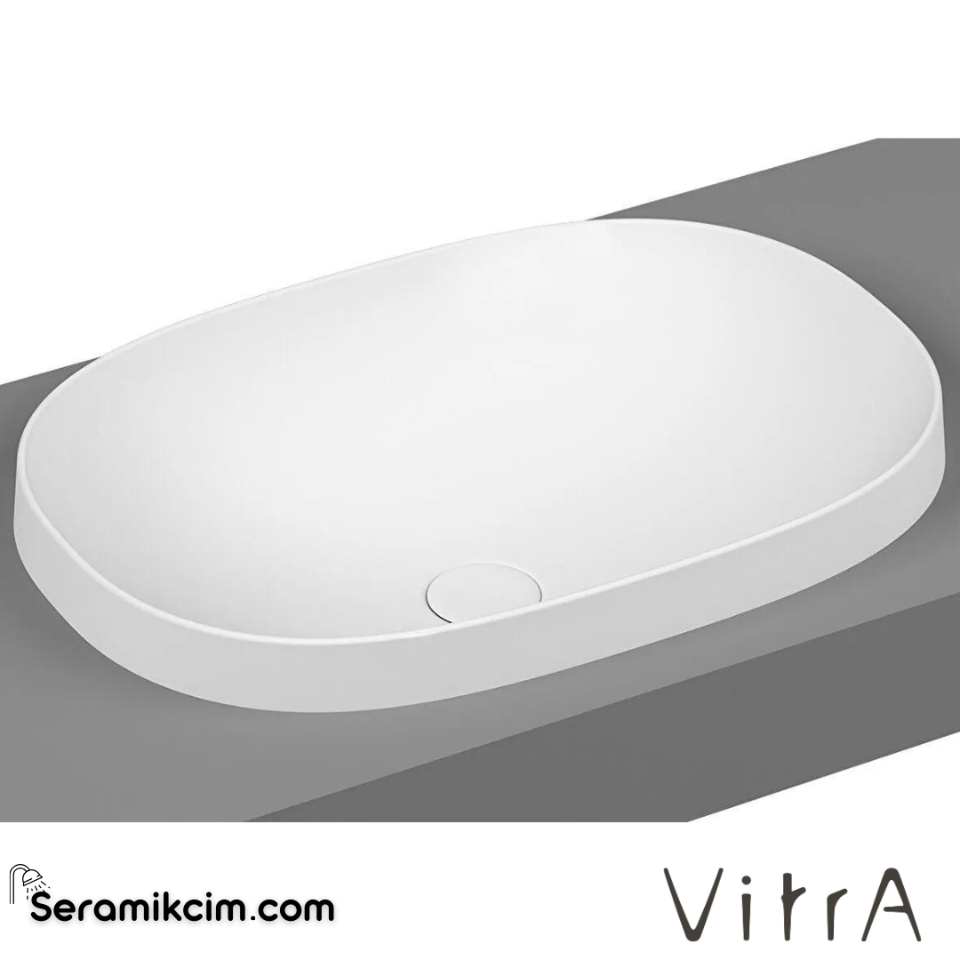 VitrA Frame Tezgahüstü Lavabo Oval, 55x39 cm Armatür Deliksiz, Su Taşma Deliksiz, Clean, Mat Beyaz - 5652B401-0016