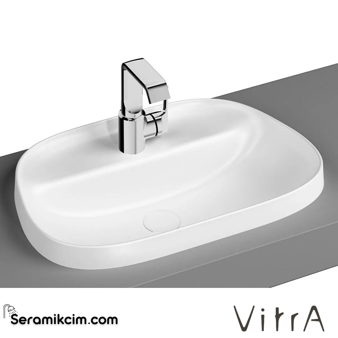 VitrA Frame Tezgahüstü Lavabo Tv Shape, 55x39 cm Tek Armatür Delikli, Su Taşma Deliksiz, Clean, Mat Beyaz - 5696B401-0041