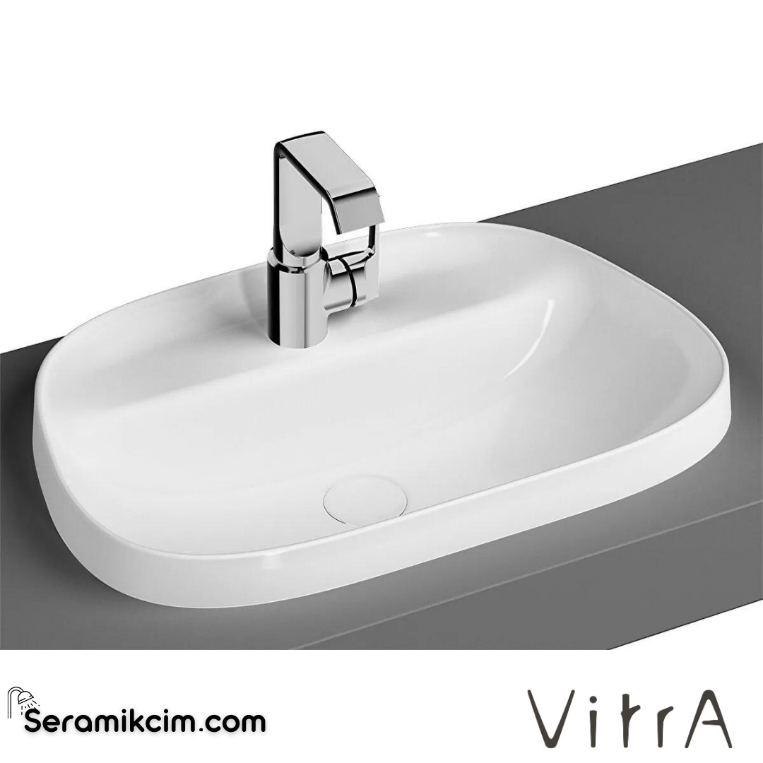 VitrA Frame Tezgahüstü Lavabo Tv Shape, 55x39 cm Tek Armatür Delikli, Su Taşma Deliksiz, Clean, Beyaz - 5696B403-0041