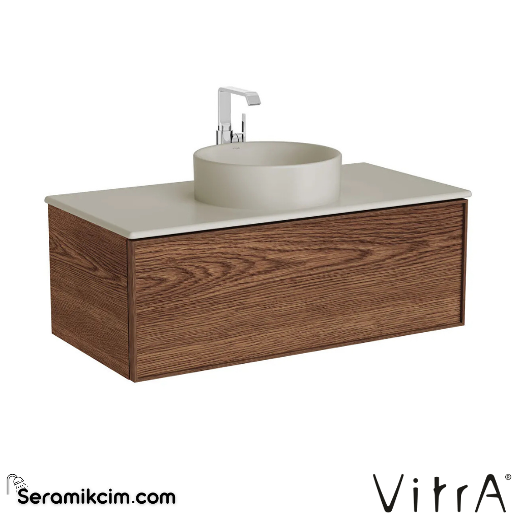 VitrA Metropole Edge Lavabo Dolabı 100 cm, bir çekmeceli mat taupe çanak lavabolu ve seramik tezgahlı, ceviz 67348 - 67348