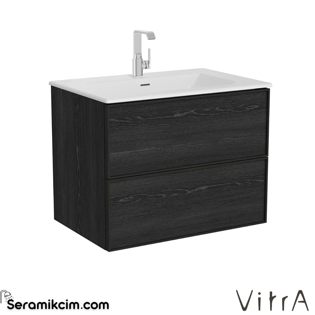 VitrA Metropole Edge Lavabo Dolabı 80cm, İki Çekmeceli Etajerli Lavabolu, Siyah Meşe 67193