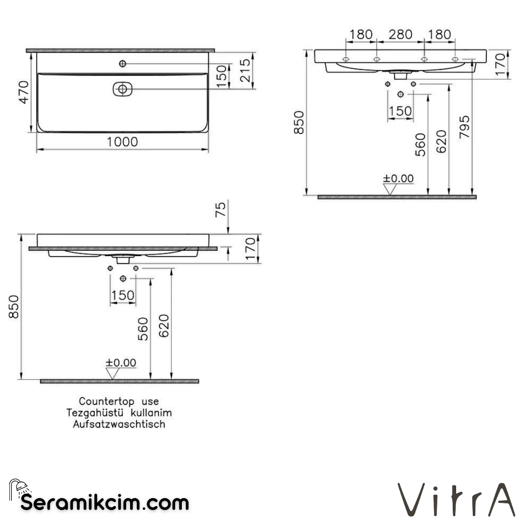 VitrA Metropole Lavabo 100x47 cm Tek Armatür Delikli, Su Taşma Delikli, Taupe - 7529B020-0001