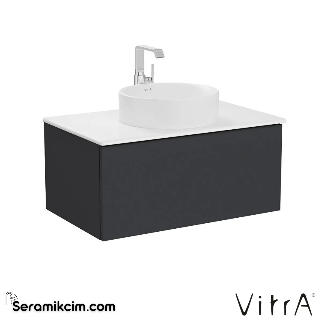 VitrA Metropole Pure Lavabo Dolabı 80 cm, bir çekmeceli çanak lavabolu ve seramik tezgahlı, mat grafit 67229 - 67229