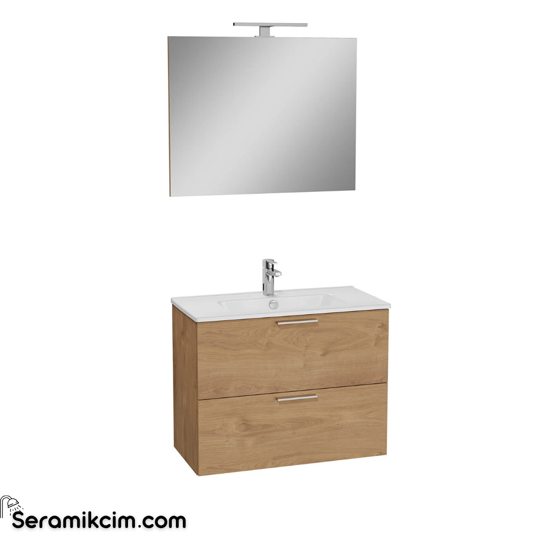 Vitra Mia Banyo Dolabı Set, 80 cm, Çekmeceli, (Lavabo Dolabı, Aydınlatmalı Ayna), Altın Meşe 67093