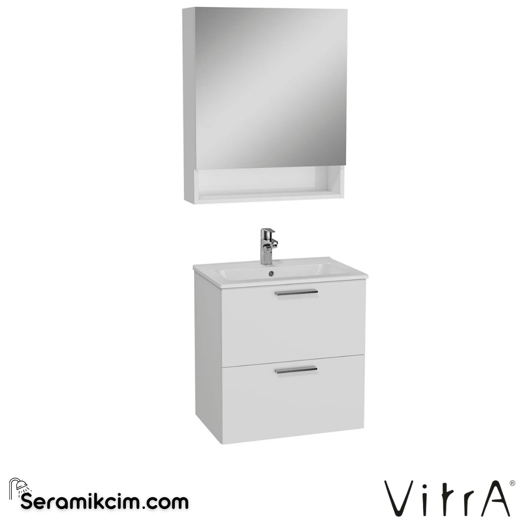 VitrA Mia Banyo Dolabı Seti 60 cm, iki çekmeceli lavabo dolabı, raflı dolaplı ayna, parlak beyaz 66049 - 66049