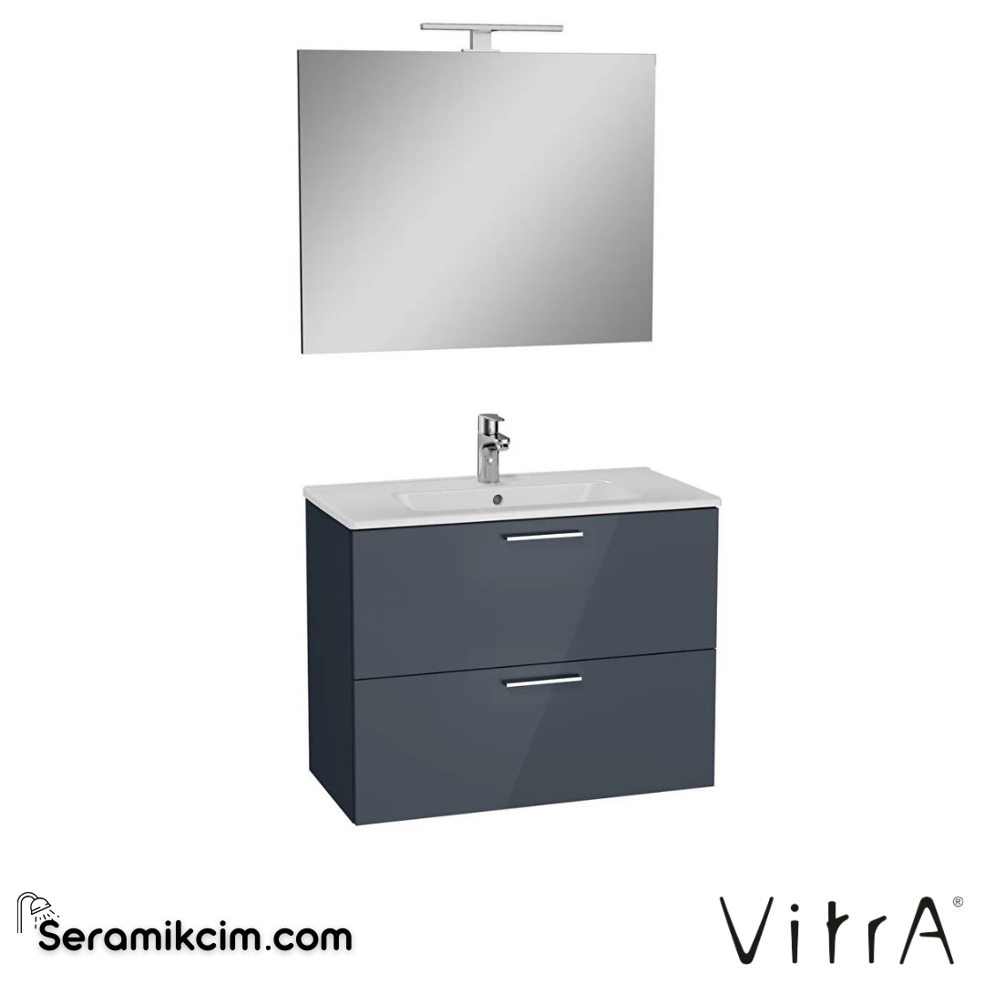 VitrA Mia Banyo Dolabı Seti 80 cm, iki çekmeceli lavabo dolabı, aydınlatmalı düz ayna, parlak antrasit 75100 - 75100