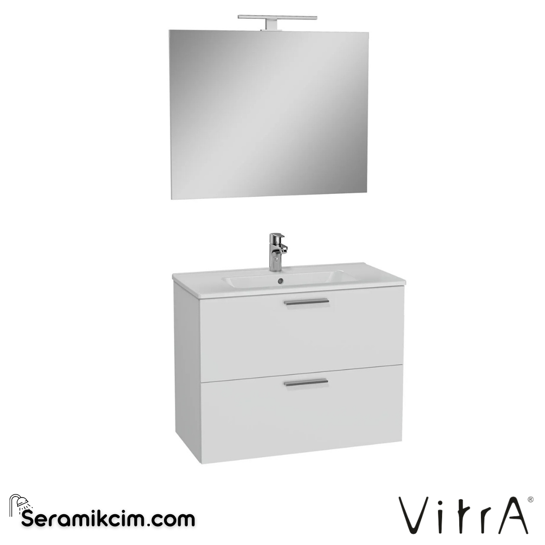 VitrA Mia Banyo Dolabı Seti 80 cm, iki çekmeceli lavabo dolabı, aydınlatmalı düz ayna, parlak beyaz 75024 - 75024