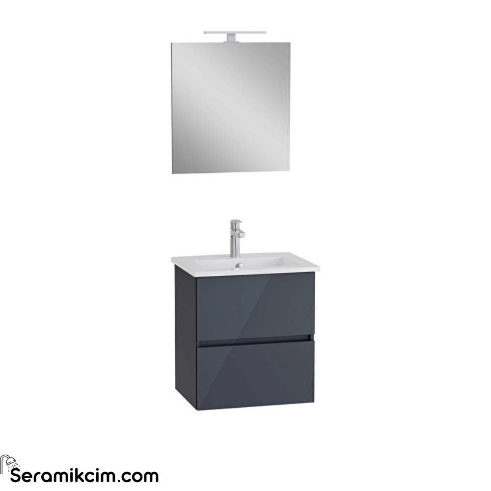 Vitra Mia Plus Square Banyo Dolabı Seti 60 Cm İki Çekmeceli Lavabo Dolabı Aydınlatmalı Düz Ayna Parlak Antrasit 69735