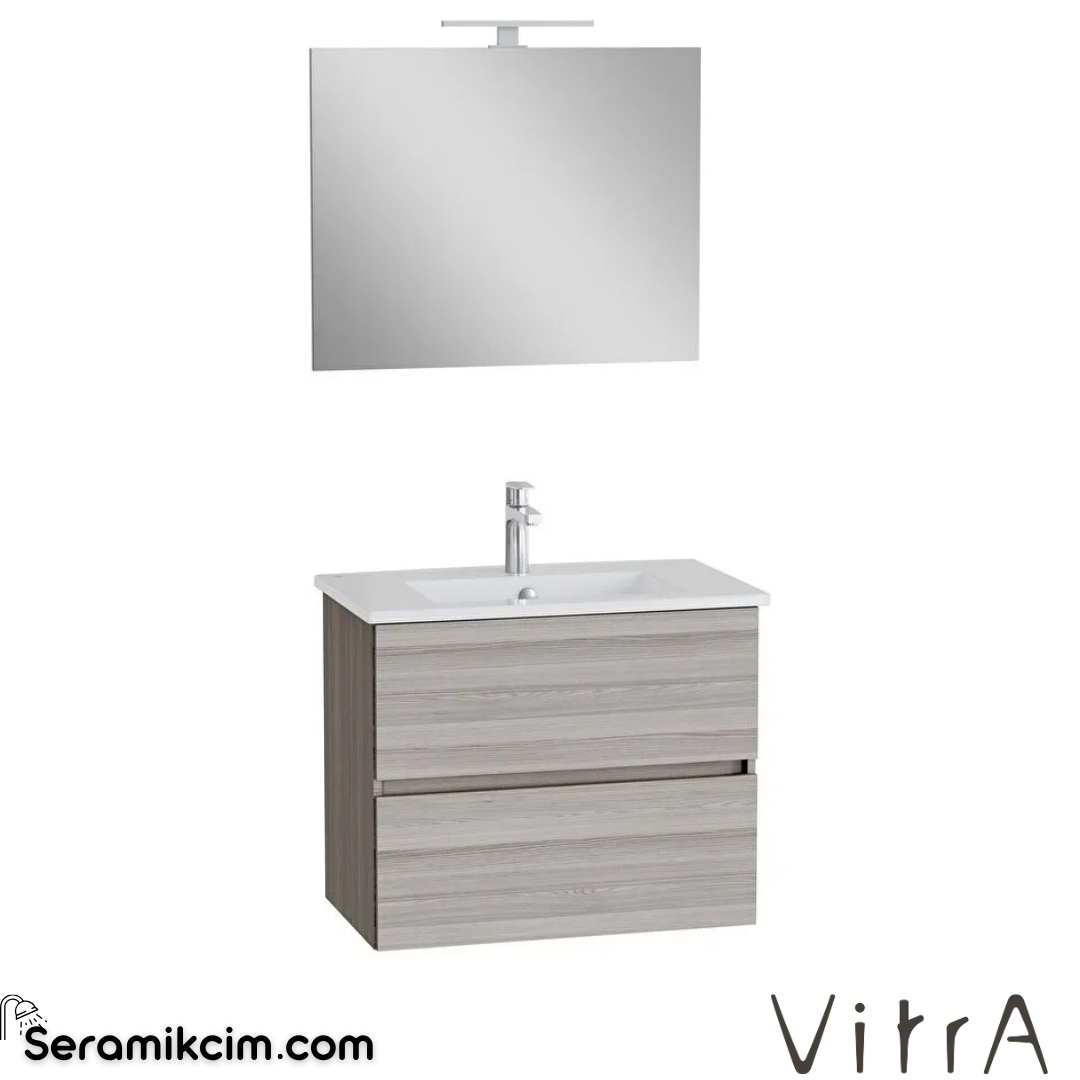 VitrA Mia Plus Square Banyo Dolabı Seti 80 cm iki çekmeceli lavabo dolabı aydınlatmalı düz ayna cordoba 69801