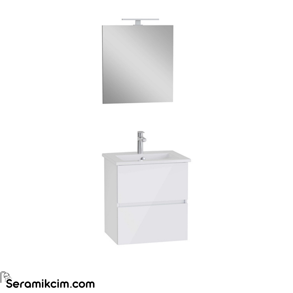Vitra Mia Plus Square Banyo Dolabı Seti 60 Cm İki Çekmeceli Lavabo Dolabı Aydınlatmalı Düz Ayna Parlak Beyaz 69736