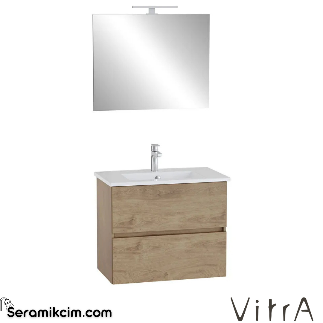 VitrA Mia Plus Square Banyo Dolabı Seti 80 cm iki çekmeceli lavabo dolabı aydınlatmalı düz ayna altın meşe 69749