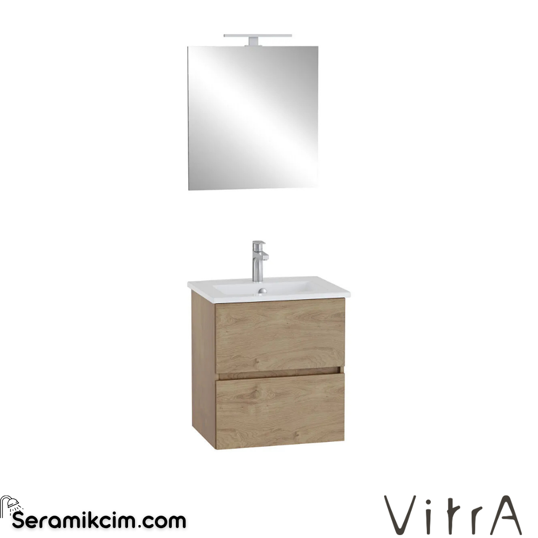 VitrA Mia Plus Square Banyo Dolabı Seti 60 cm iki çekmeceli lavabo dolabı aydınlatmalı düz ayna altın meşe 69737