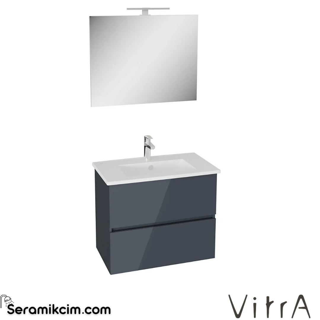 VitrA Mia Plus Square Banyo Dolabı Seti 80 cm iki çekmeceli lavabo dolabı aydınlatmalı düz ayna parlak antrasit 69747