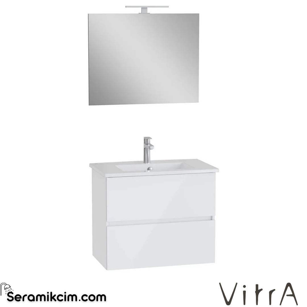VitrA Mia Plus Square Banyo Dolabı Seti 80 cm iki çekmeceli lavabo dolabı aydınlatmalı düz ayna parlak beyaz 69748