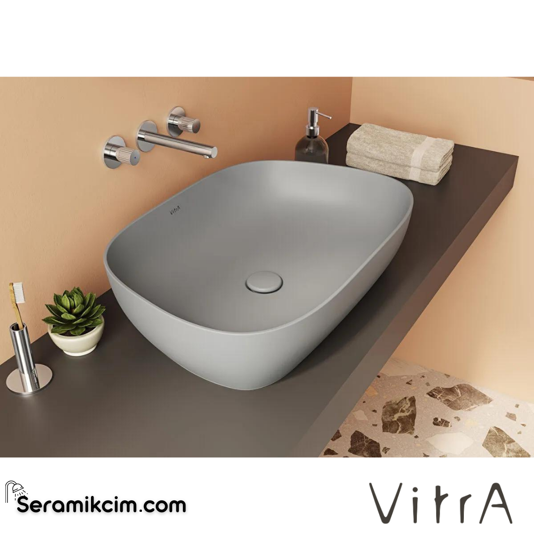 VitrA Outline Çanak Lavabo Tv Şekilli, 60x41 cm Armatür Deliksiz, Su Taşma Deliksiz, Clean, Mat Taş Gri - 5993B476-0016