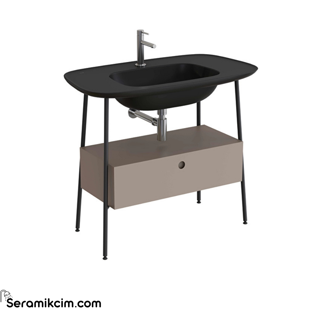 Vitra Plural Lavabo Dolabı 100 Cm Bir Çekmeceli Tek Armatür Delikli Mat Siyah Seramik Lavabolu Mat Soft Bej 80459