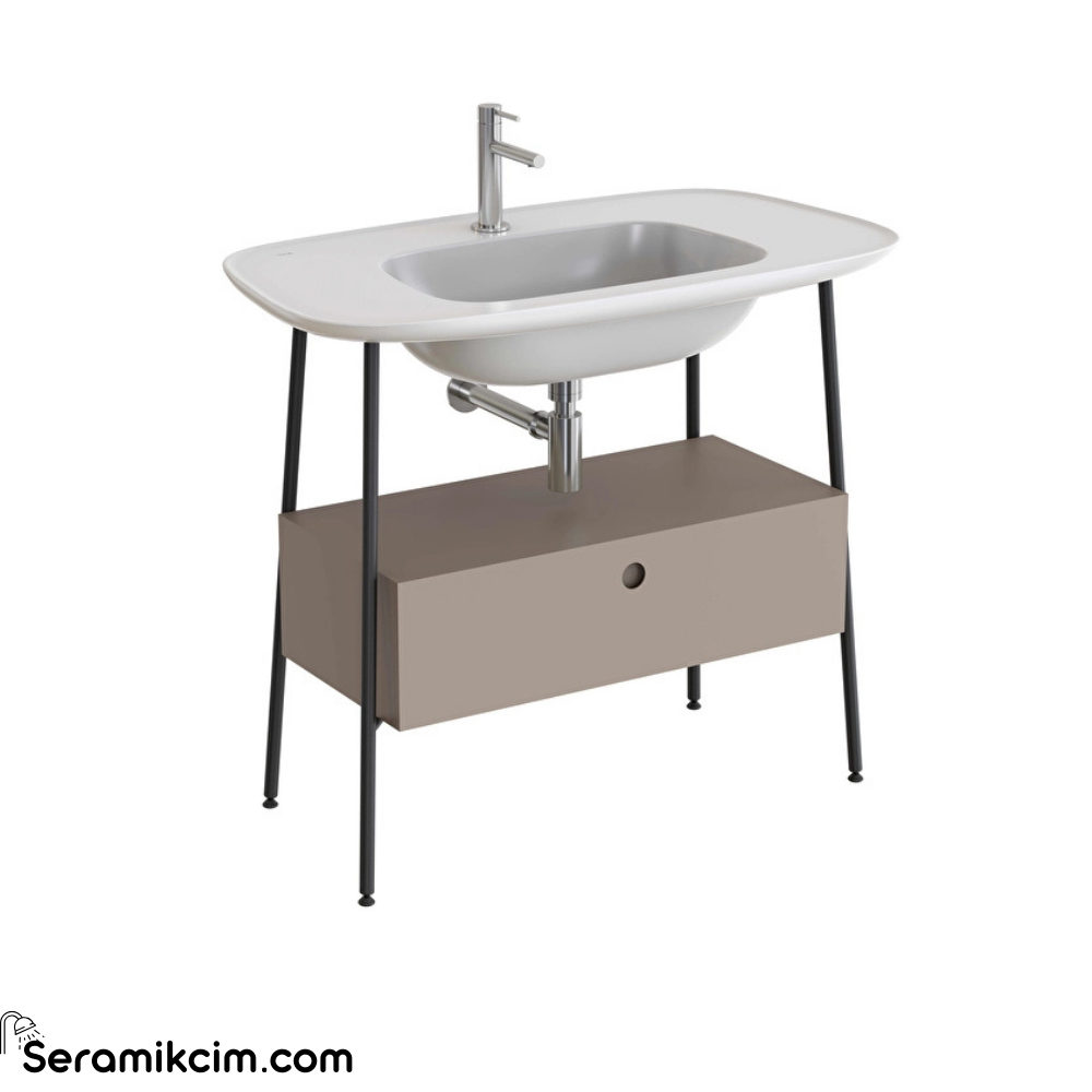 Vitra Plural Lavabo Dolabı 100 Cm Bir Çekmeceli Tek Armatür Delikli Parlak Beyaz Seramik Lavabolu Mat Soft Bej 80457