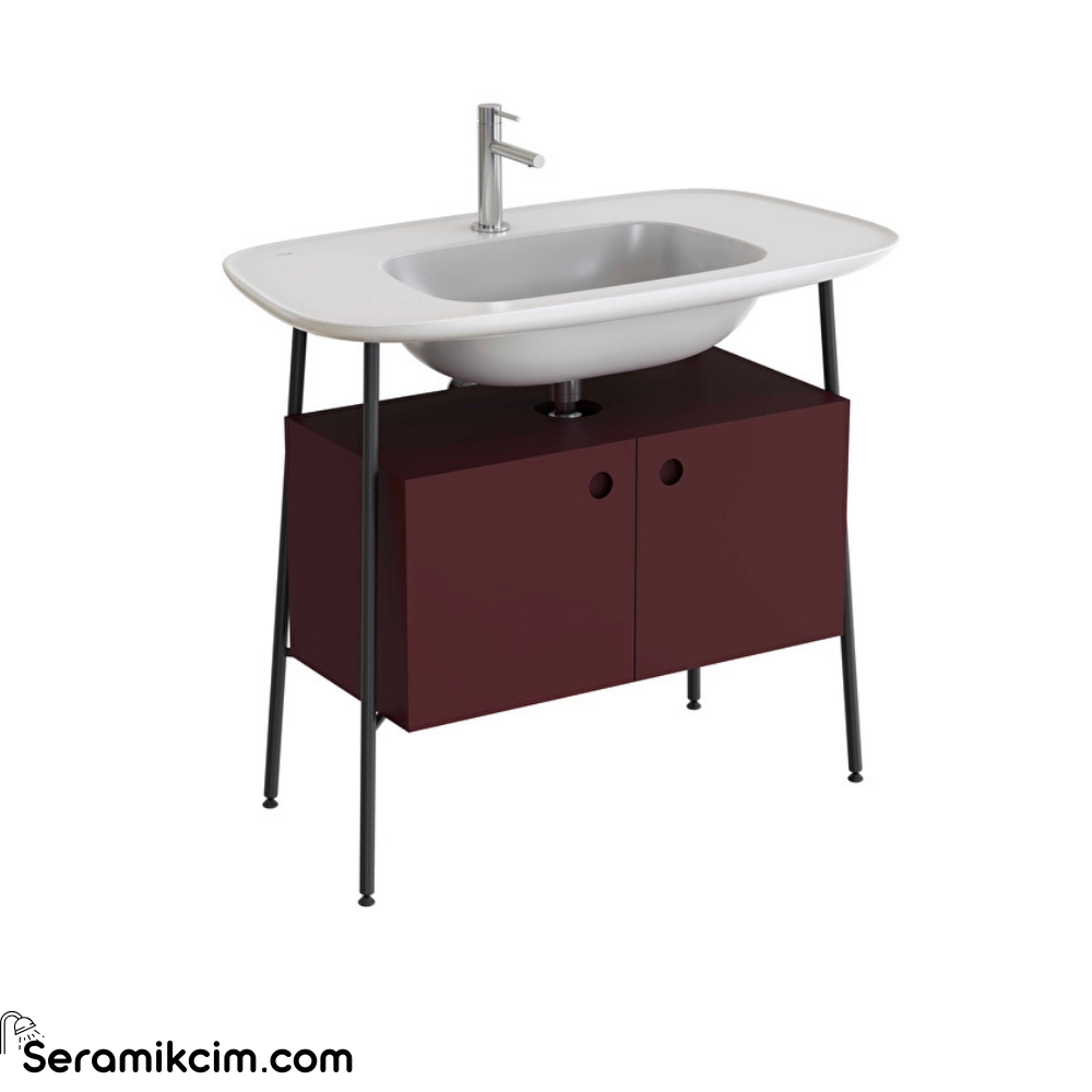 Vitra Plural Lavabo Dolabı 100 Cm İki Kapaklı Tek Armatür Delikli Parlak Beyaz Seramik Lavabolu Mat Bordo 80454