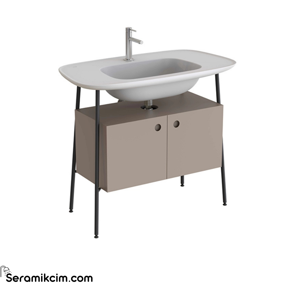 Vitra Plural Lavabo Dolabı 100 Cm İki Kapaklı Tek Armatür Delikli Mat Beyaz Seramik Lavabolu Mat Soft Bej 80445