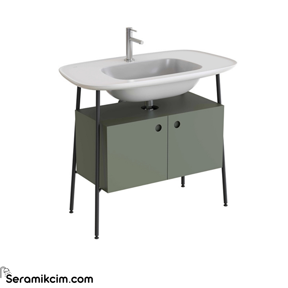 Vitra Plural Lavabo Dolabı 100 Cm İki Kapaklı Tek Armatür Delikli Parlak Beyaz Seramik Lavabolu Mat Retro Yeşili 80449