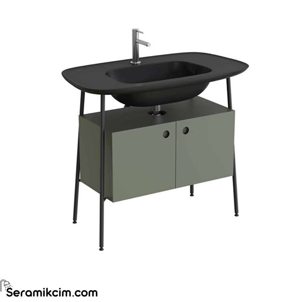 Vitra Plural Lavabo Dolabı 100 Cm İki Kapaklı Tek Armatür Delikli Mat Siyah Seramik Lavabolu Mat Retro Yeşili 80453