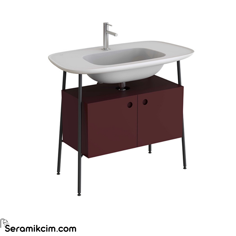 Vitra Plural Lavabo Dolabı 100 Cm İki Kapaklı Tek Armatür Delikli Mat Beyaz Seramik Lavabolu Mat Bordo 80455