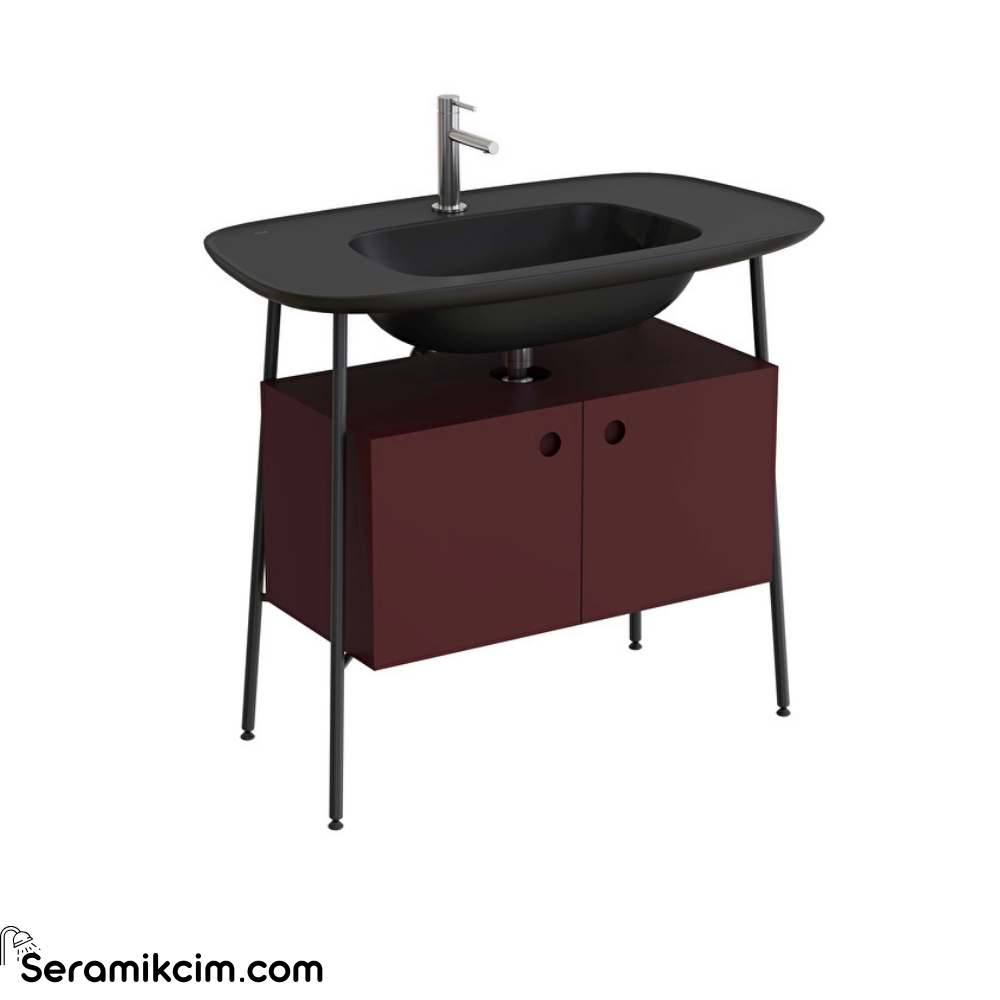 Vitra Plural Lavabo Dolabı 100 Cm İki Kapaklı Tek Armatür Delikli Mat Siyah Seramik Lavabolu Mat Bordo 80456