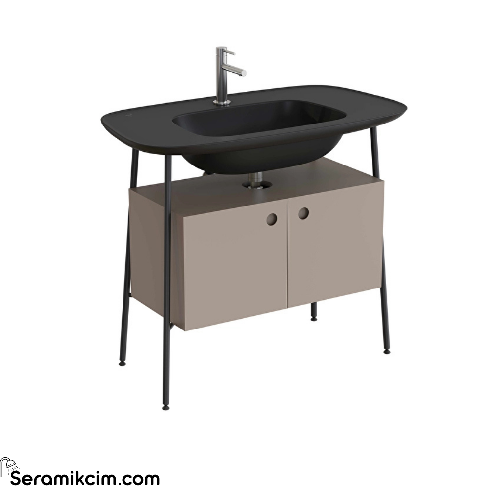 Vitra Plural Lavabo Dolabı 100 Cm İki Kapaklı Tek Armatür Delikli Mat Siyah Seramik Lavabolu Mat Soft Bej 80446