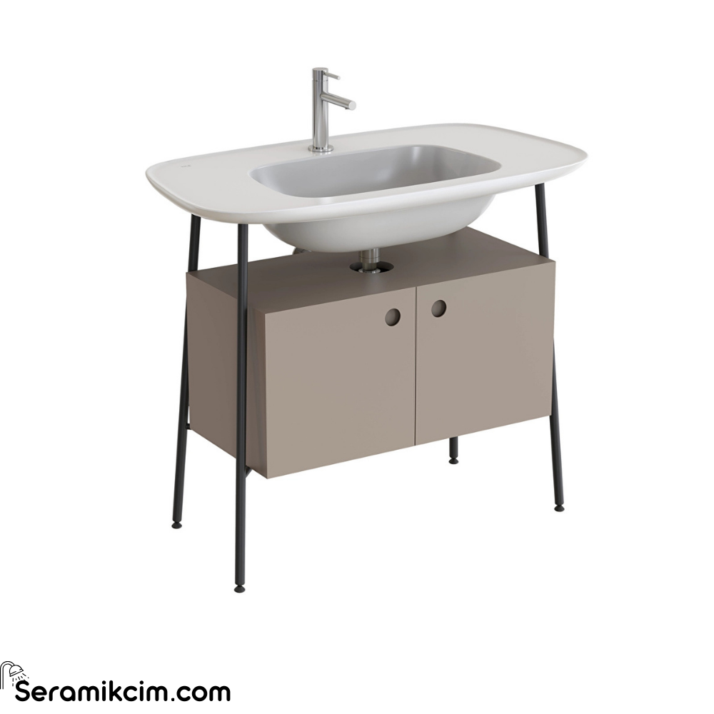 Vitra Plural Lavabo Dolabı 100 Cm İki Kapaklı Tek Armatür Delikli Parlak Beyaz Seramik Lavabolu Mat Soft Bej 80444