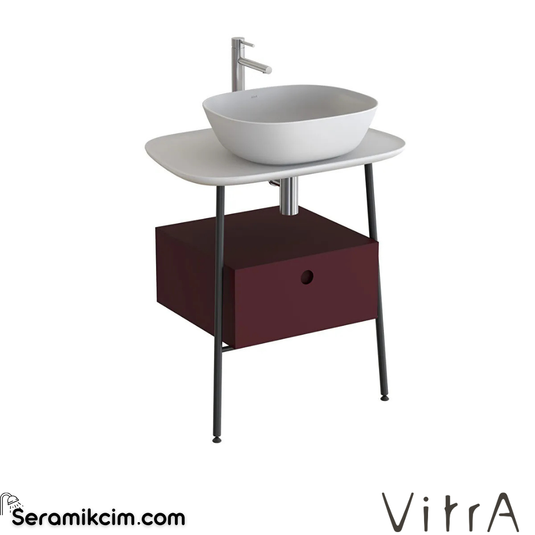 VitrA Plural Tezgah Ünitesi 70 cm bir çekmeceli asma yüksek tek armatür delikli mat beyaz seramik tezgah mat bordo lavabosuz 80480