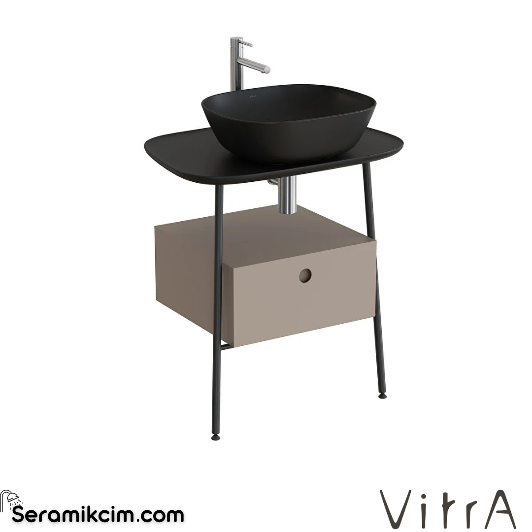 VitrA Plural Tezgah Ünitesi 70 cm bir çekmeceli asma yüksek tek armatür delikli mat siyah seramik tezgah mat soft bej lavabosuz 80471