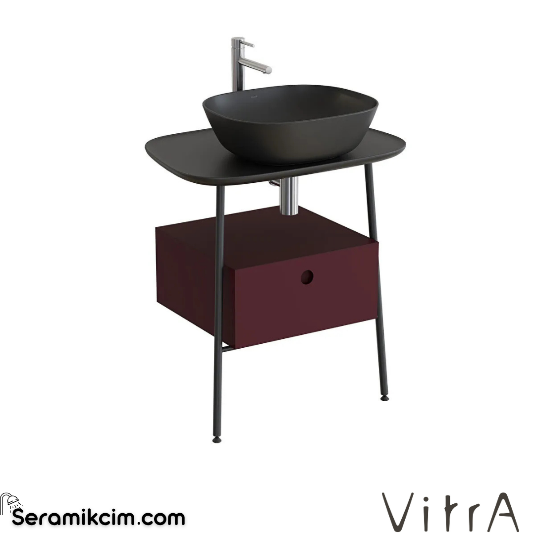 VitrA Plural Tezgah Ünitesi 70 cm bir çekmeceli asma yüksek tek armatür delikli mat siyah seramik tezgah mat bordo lavabosuz 80481