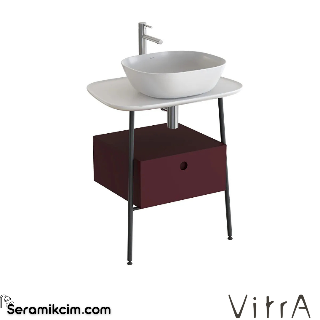 VitrA Plural Tezgah Ünitesi 70 cm bir çekmeceli asma yüksek tek armatür delikli parlak beyaz seramik tezgah mat bordo lavabosuz 80475