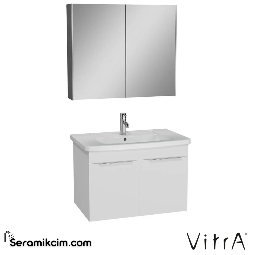 VitrA Quadrum Banyo Dolabı Seti 80 cm, kapaklı lavabo dolabı, dolaplı ayna, parlak beyaz 67099 - 67099