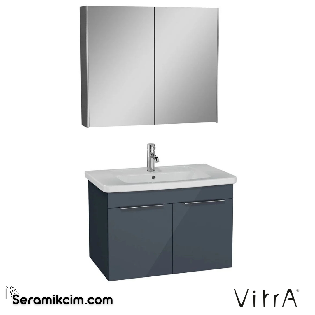 VitrA Quadrum Banyo Dolabı Seti 80 cm, kapaklı lavabo dolabı, dolaplı ayna, parlak antrasit 67108 - 67108