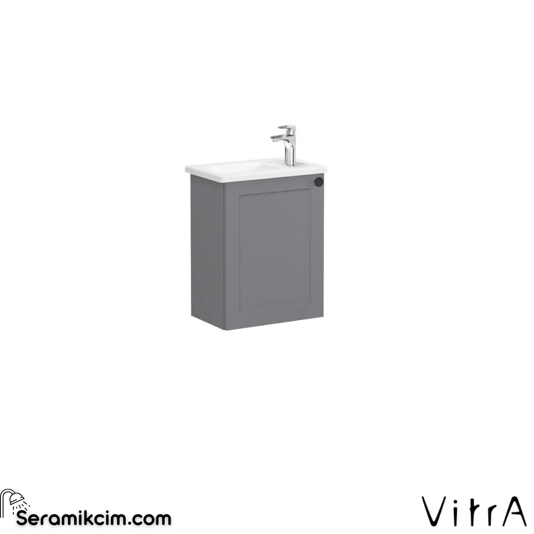 Vitra Root Classic Lavabo Dolabı, Kapaklı, 45 Cm, Kompakt, Sağdan Armatür Delikli, Mat Gri, Köşeli Lavabolu, Sol