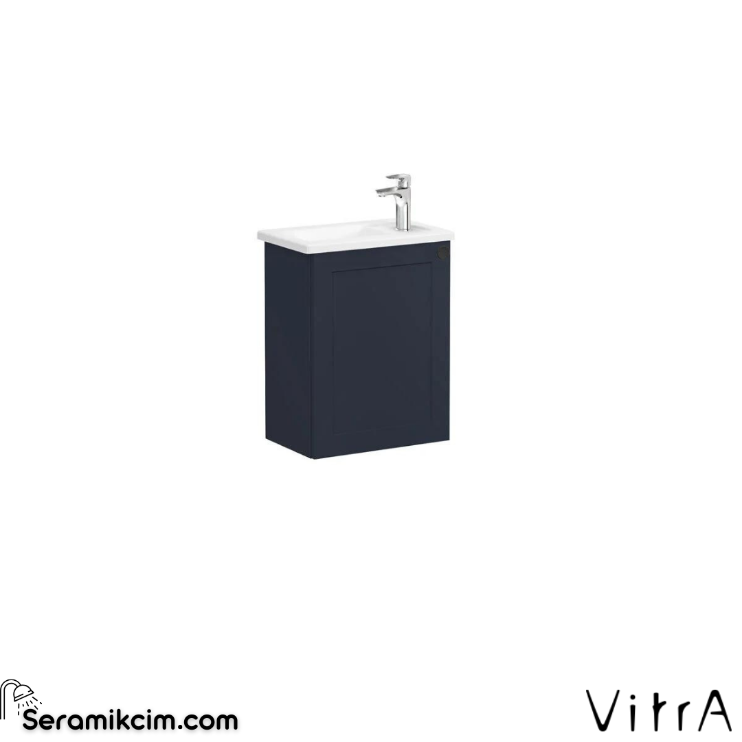 Vitra Root Classic Lavabo Dolabı, Kapaklı, 45 Cm, Kompakt, Sağdan Armatür Delikli, Mat Lacivert, Köşeli Lavabolu, Sol