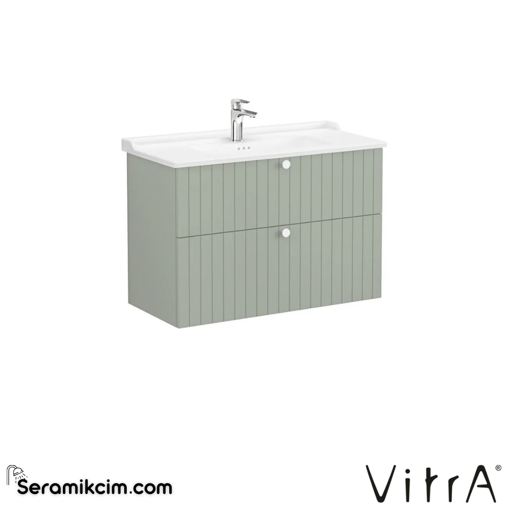 Vitra Root Groove Lavabo Dolabı, İki Çekmeceli, 100 Cm, Mat Retro Yeşil, Klasik Lavabolu - 69470