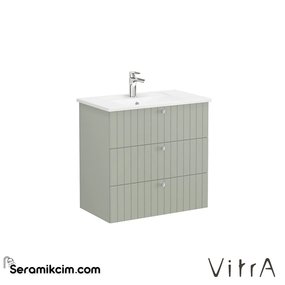 Vitra Root Groove Lavabo Dolabı, Üç Çekmeceli, 80 Cm, Mat Retro Yeşil, Köşeli Lavabolu - 69498