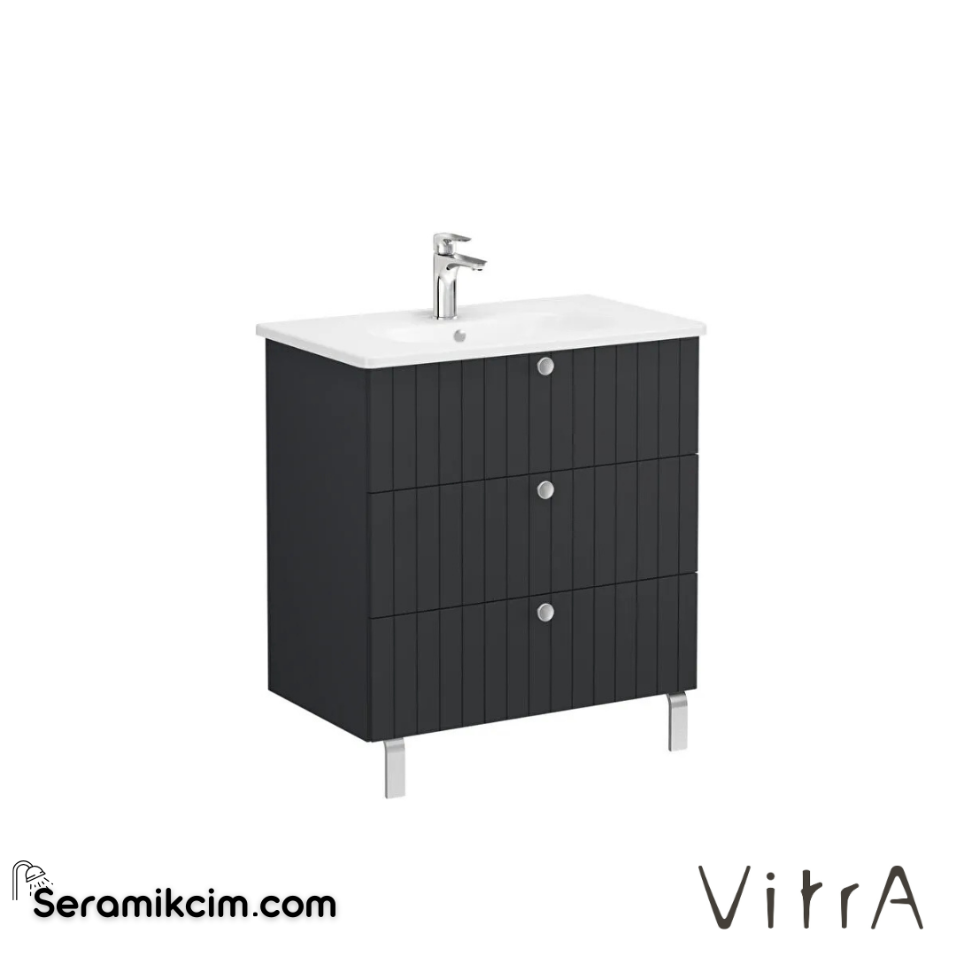 Vitra Root Groove Lavabo Dolabı, Üç Çekmeceli, 80 Cm, Mat Grafit, Yuvarlak Lavabolu - 69503