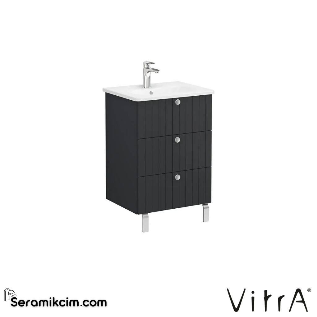 Vitra Root Groove Lavabo Dolabı, Üç Çekmeceli, 60 Cm, Mat Grafit, Yuvarlak Lavabolu - 69482