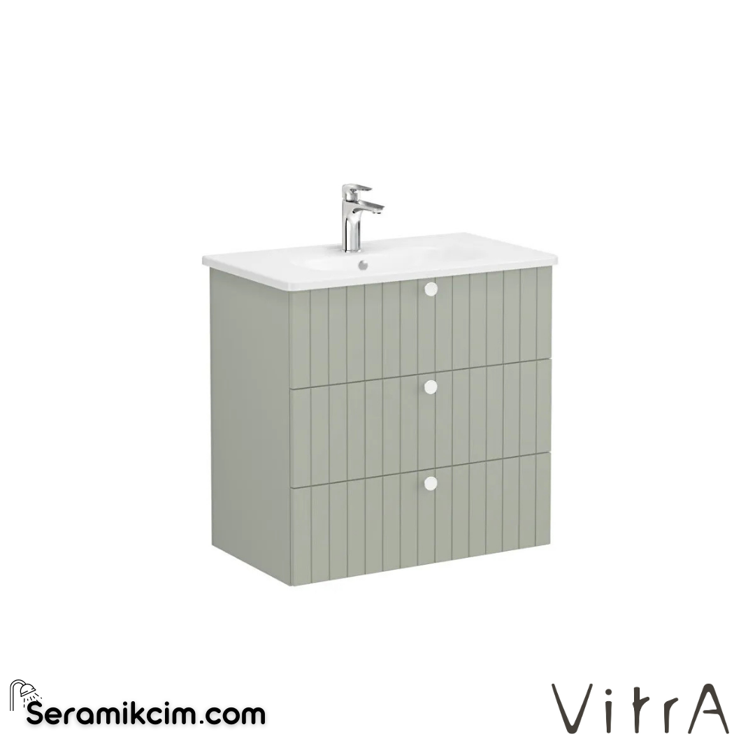 Vitra Root Groove Lavabo Dolabı, Üç Çekmeceli, 80 Cm, Mat Retro Yeşil, Yuvarlak Lavabolu - 69505