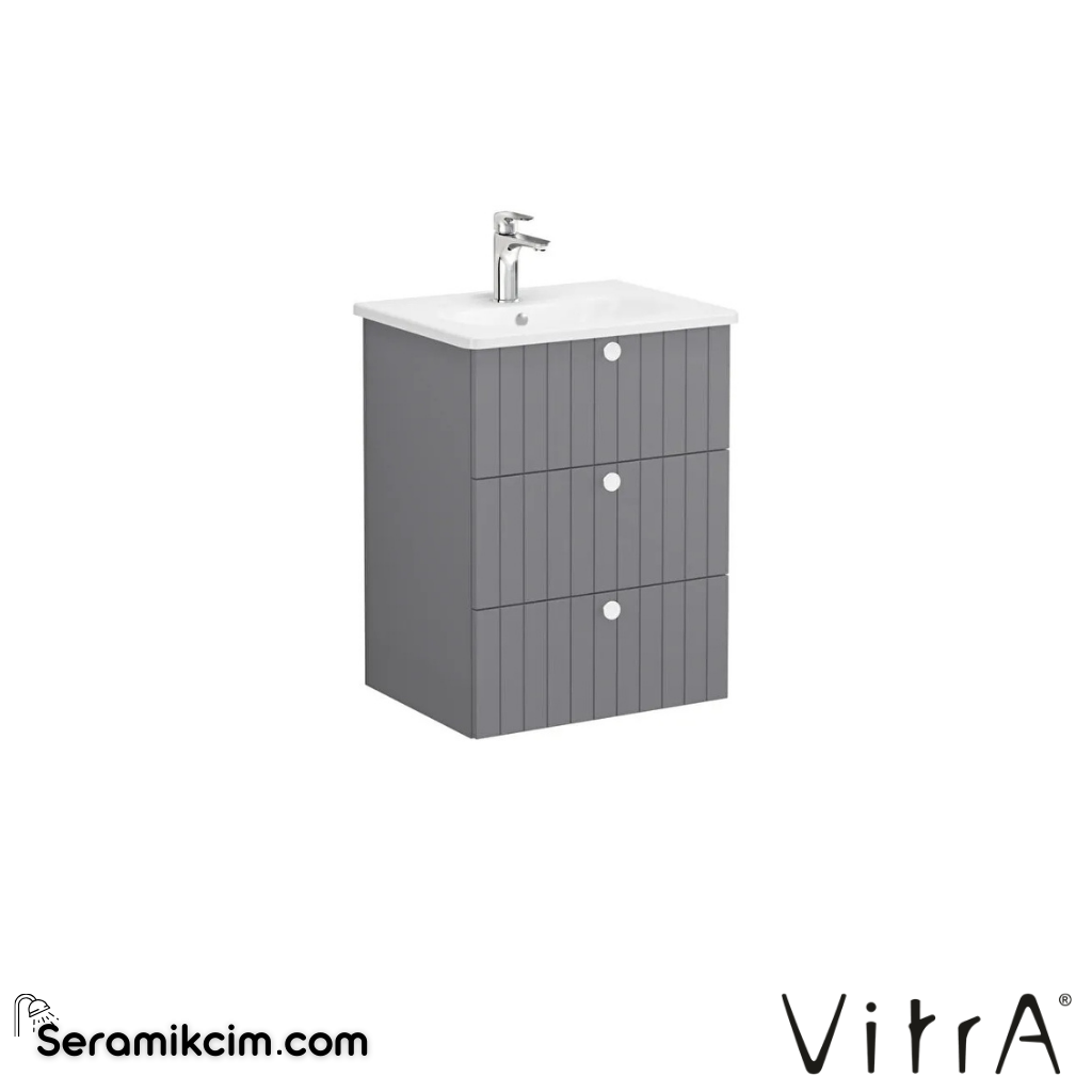 Vitra Root Groove Lavabo Dolabı, Üç Çekmeceli, 60 Cm, Mat Gri, Yuvarlak Lavabolu - 69480