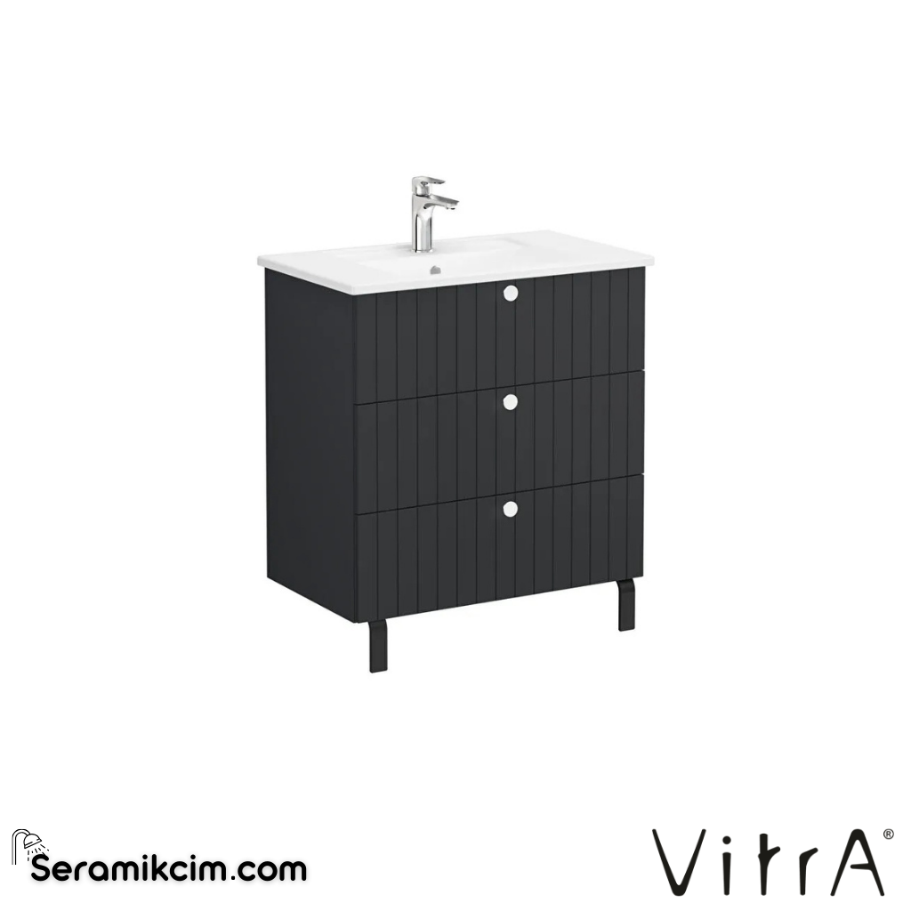 Vitra Root Groove Lavabo Dolabı, Üç Çekmeceli, 80 Cm, Mat Grafit, Köşeli Lavabolu - 69496