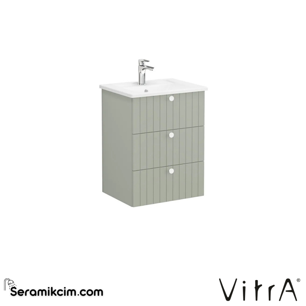 Vitra Root Groove Lavabo Dolabı, Üç Çekmeceli, 60 Cm, Mat Retro Yeşil, Köşeli Lavabolu - 69477