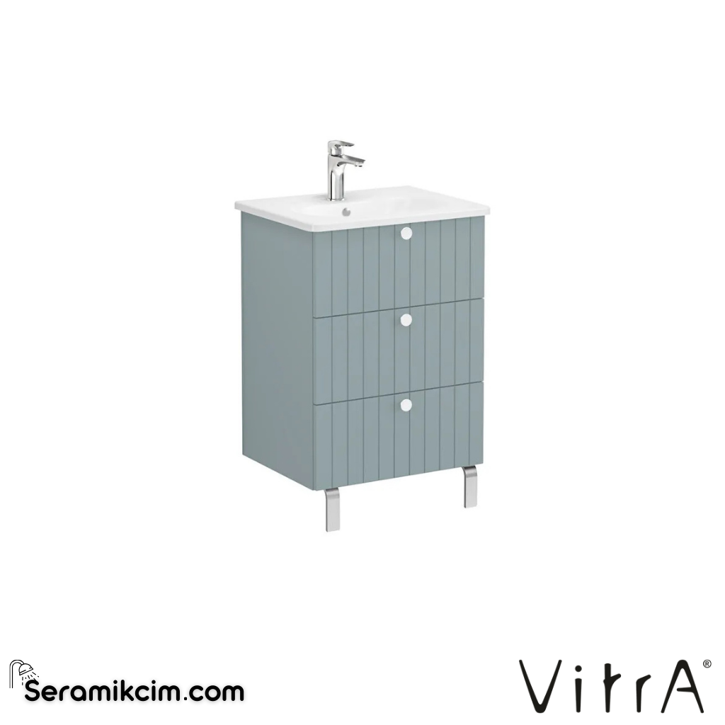 Vitra Root Groove Lavabo Dolabı, Üç Çekmeceli, 60 Cm, Mat Fiyord Yeşili, Yuvarlak Lavabolu - 69481
